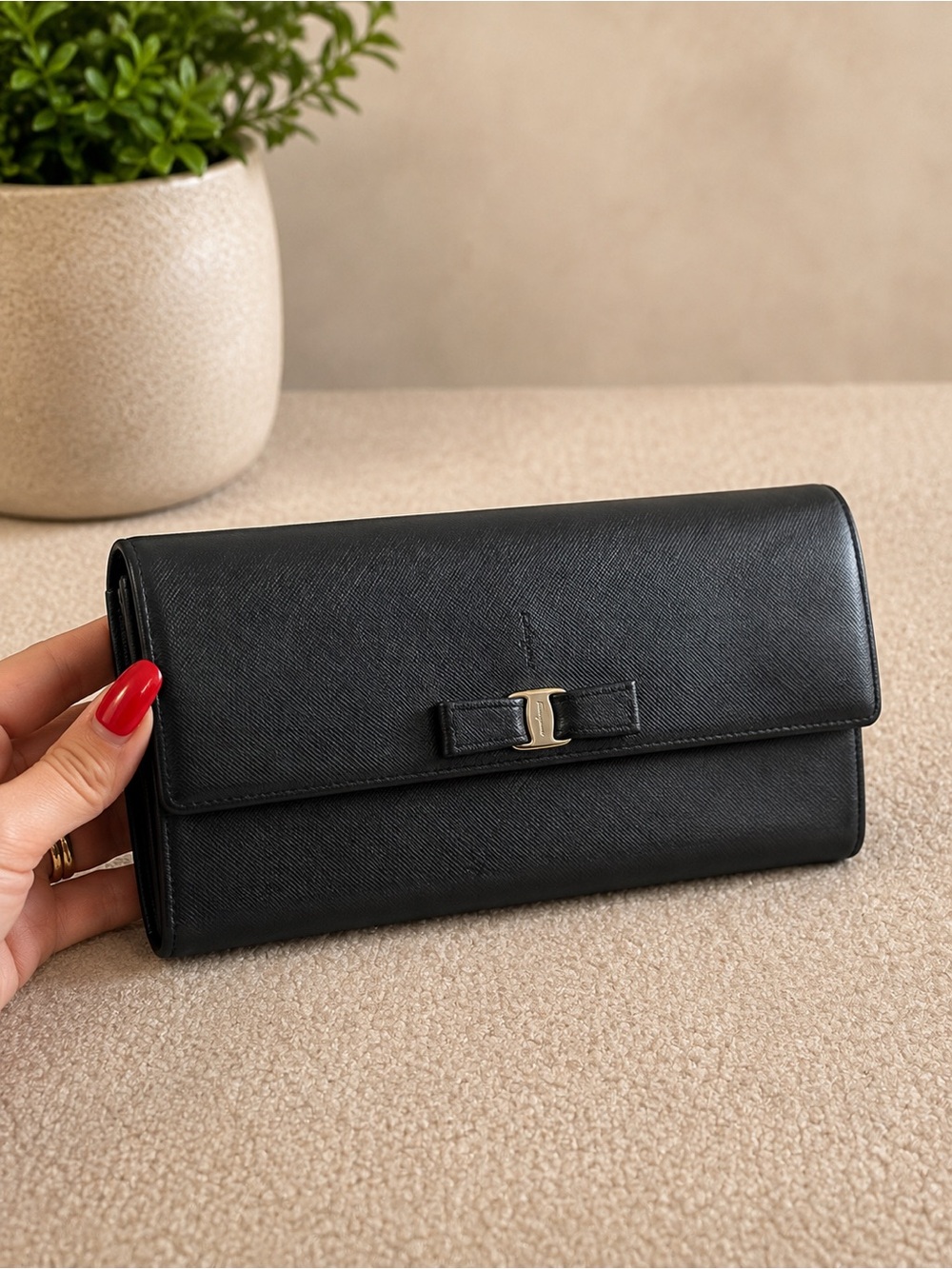 Salvatore Ferragamo Black Leather Bow Wallet